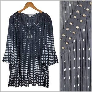 Woman Within Top Plus Size 2X Mesh Chiffon Pleated Front Polkadot Black Studded